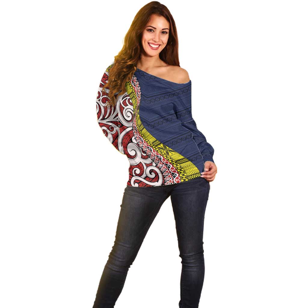 Aotearoa and Niue Off Shoulder Sweater Hiapo Maori Stylized Koru