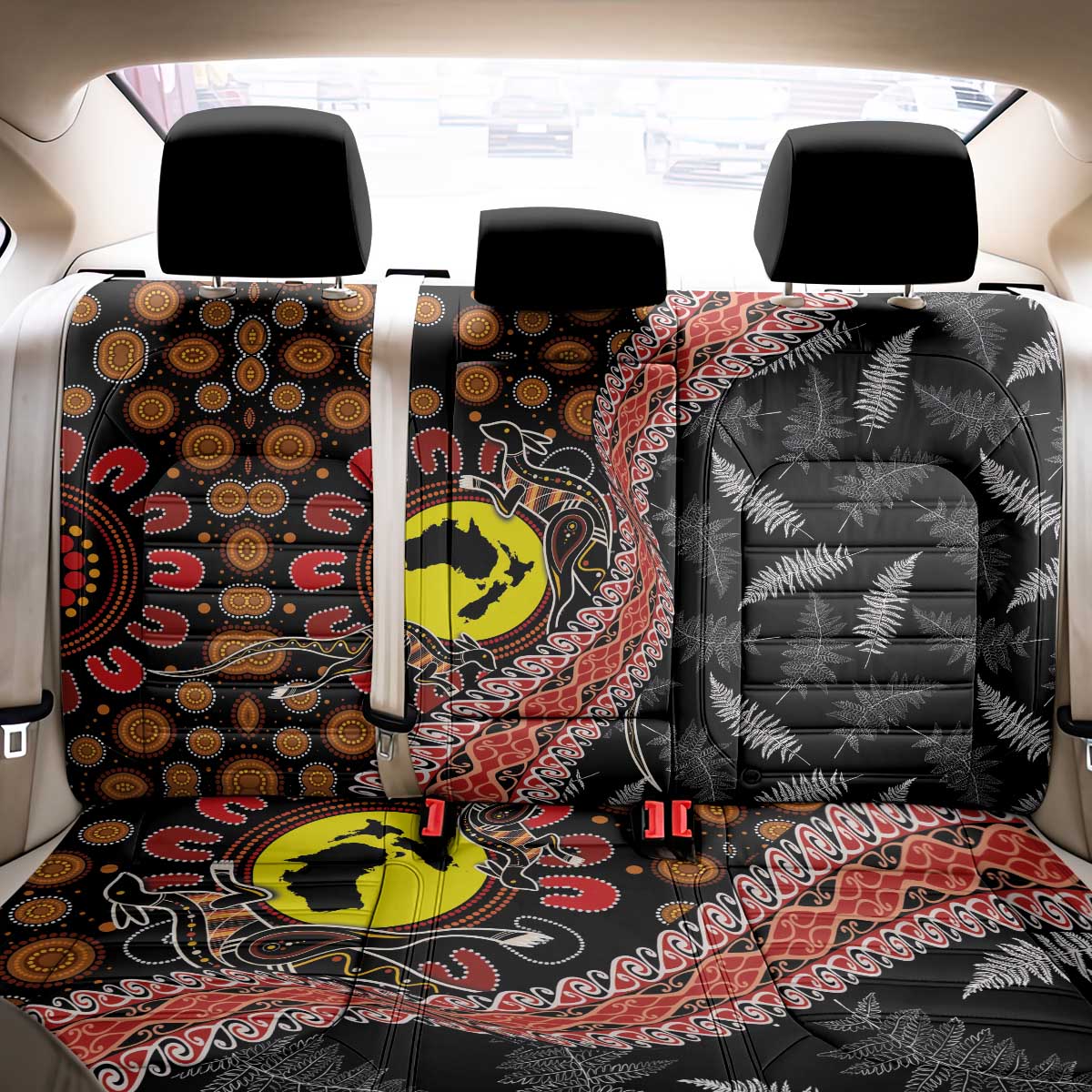 Aotearoa and Australia Back Car Seat Cover Maori Koru Ferns With Aboriginal Kangaroo