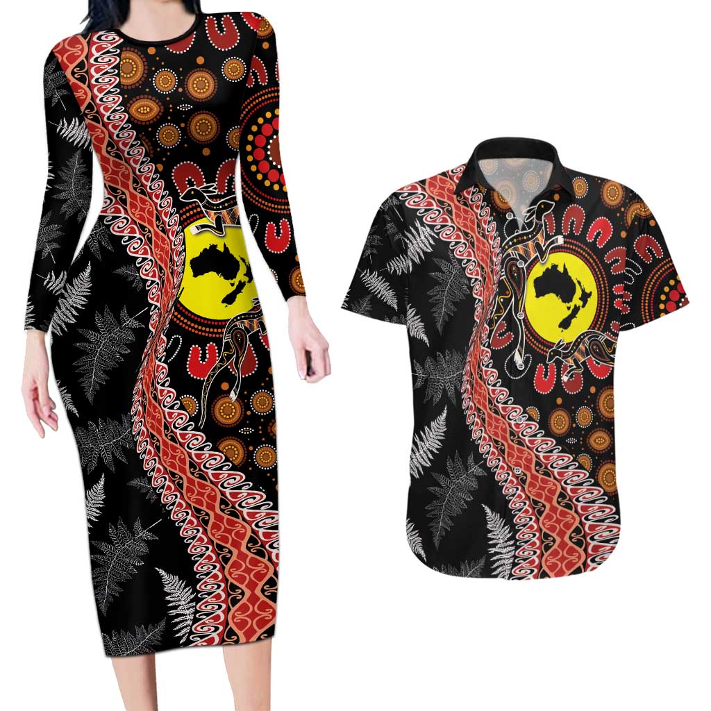 Aotearoa and Australia Couples Matching Long Sleeve Bodycon Dress and Hawaiian Shirt Maori Koru Ferns With Aboriginal Kangaroo