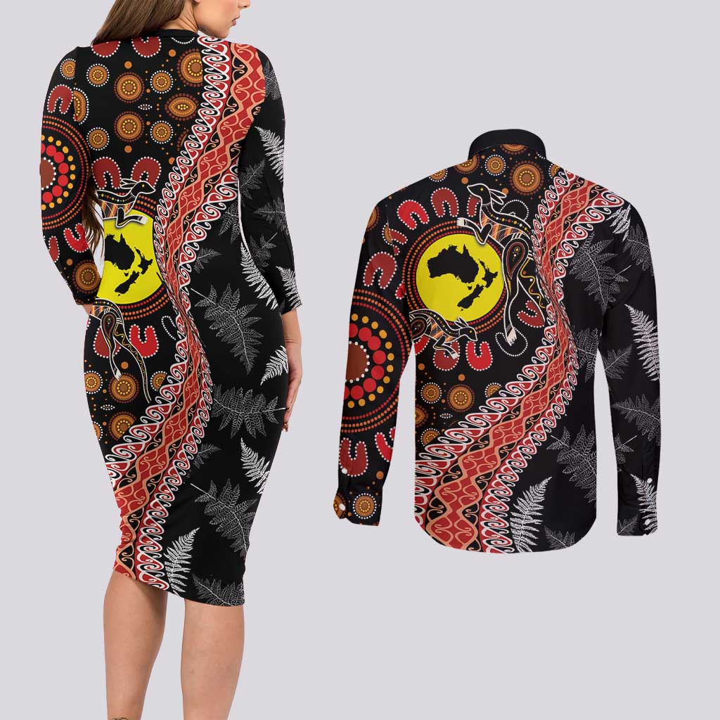 Aotearoa and Australia Couples Matching Long Sleeve Bodycon Dress and Long Sleeve Button Shirt Maori Koru Ferns With Aboriginal Kangaroo