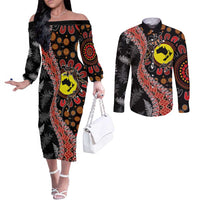 Aotearoa and Australia Couples Matching Off The Shoulder Long Sleeve Dress and Long Sleeve Button Shirt Maori Koru Ferns With Aboriginal Kangaroo