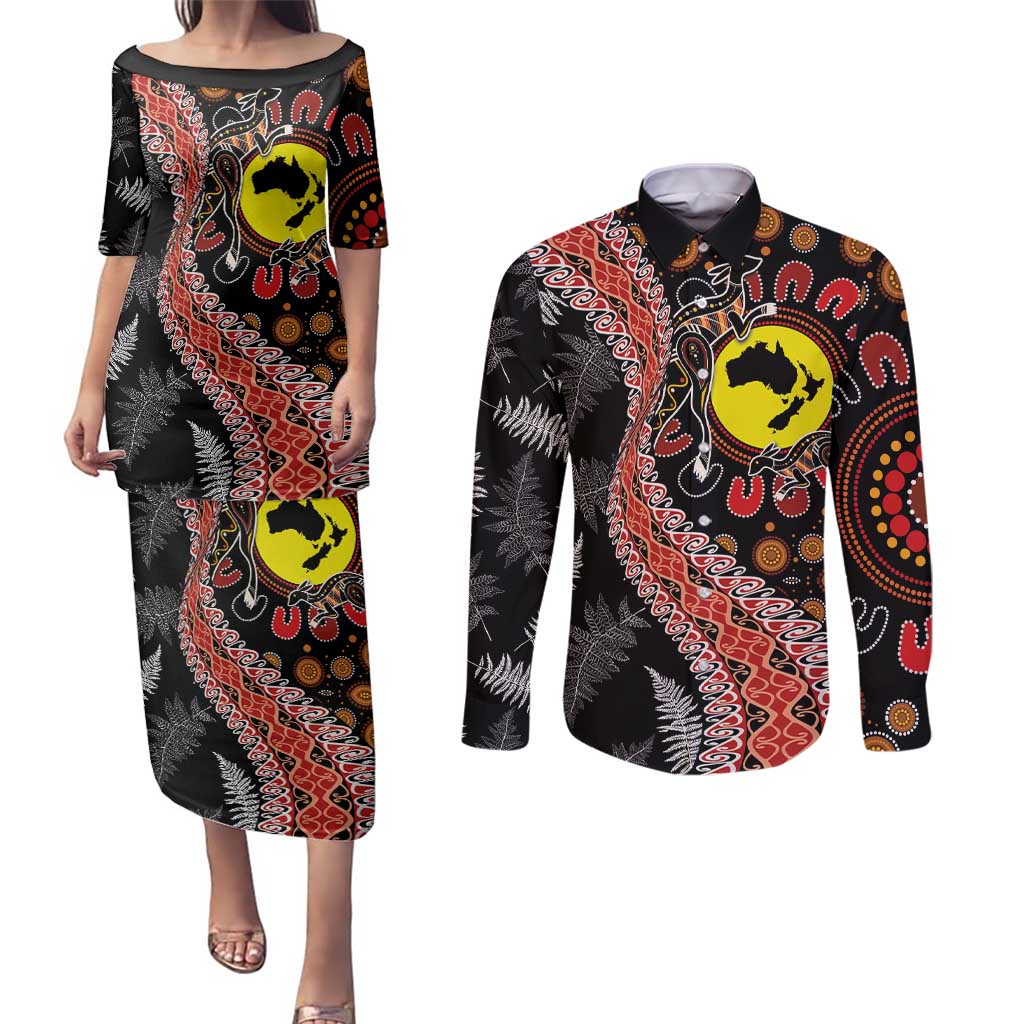 Aotearoa and Australia Couples Matching Puletasi and Long Sleeve Button Shirt Maori Koru Ferns With Aboriginal Kangaroo
