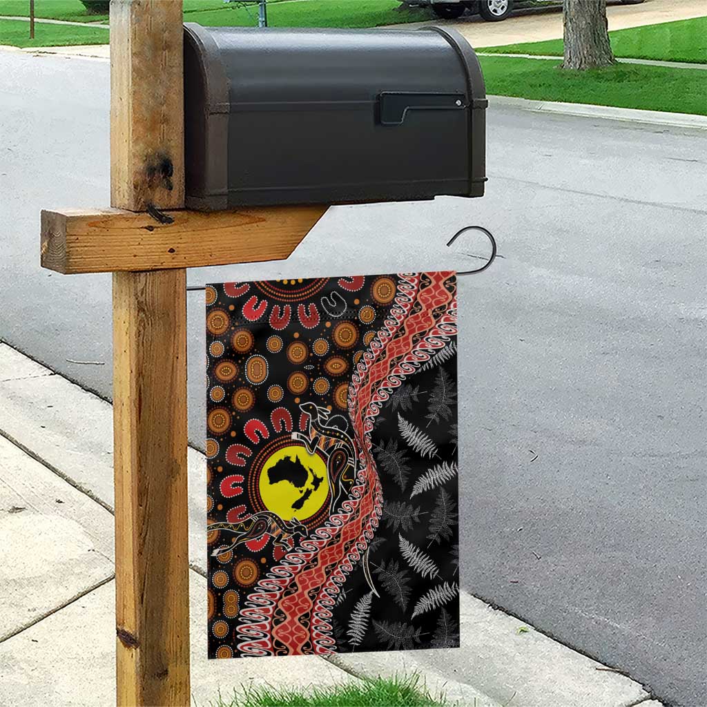 Aotearoa and Australia Garden Flag Maori Koru Ferns With Aboriginal Kangaroo
