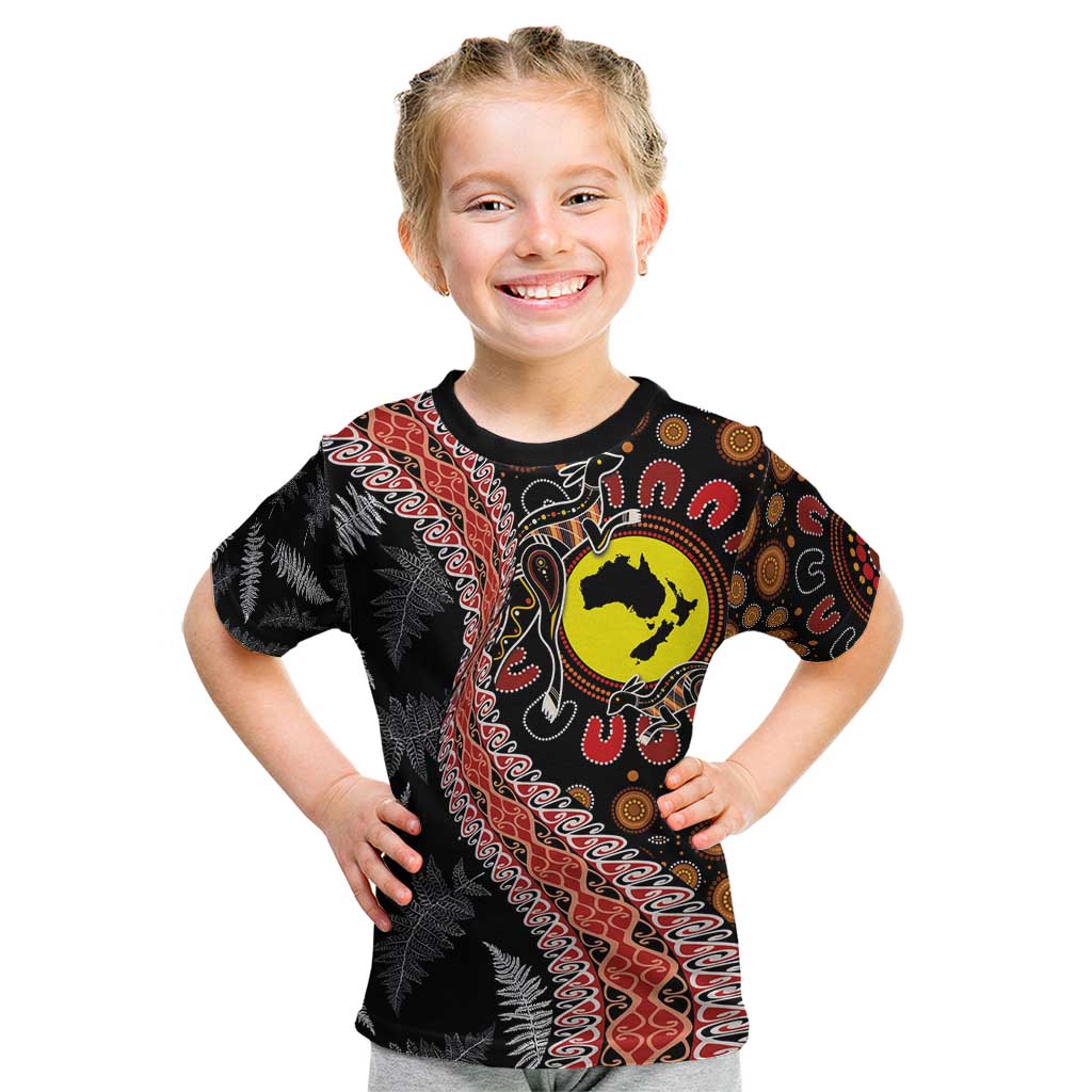 Aotearoa and Australia Kid T Shirt Maori Koru Ferns With Aboriginal Kangaroo