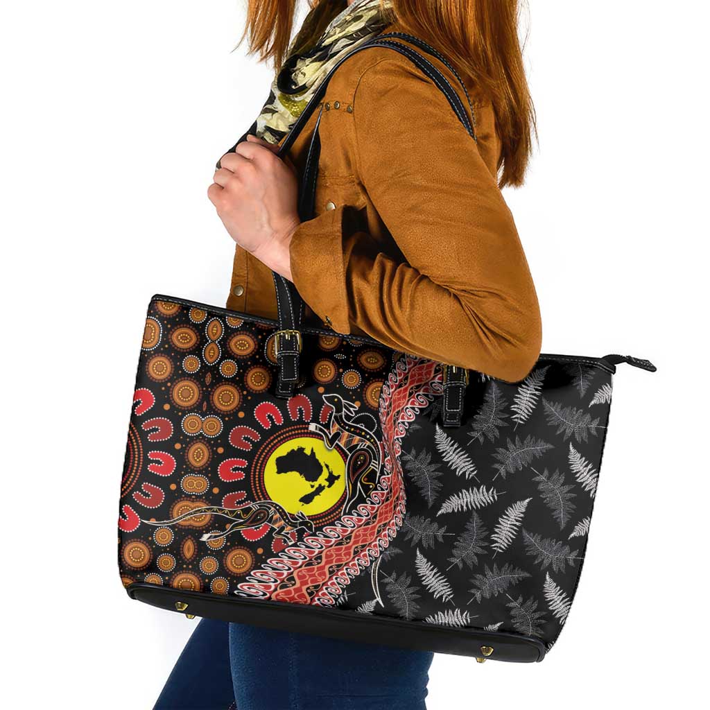 Aotearoa and Australia Leather Tote Bag Maori Koru Ferns With Aboriginal Kangaroo