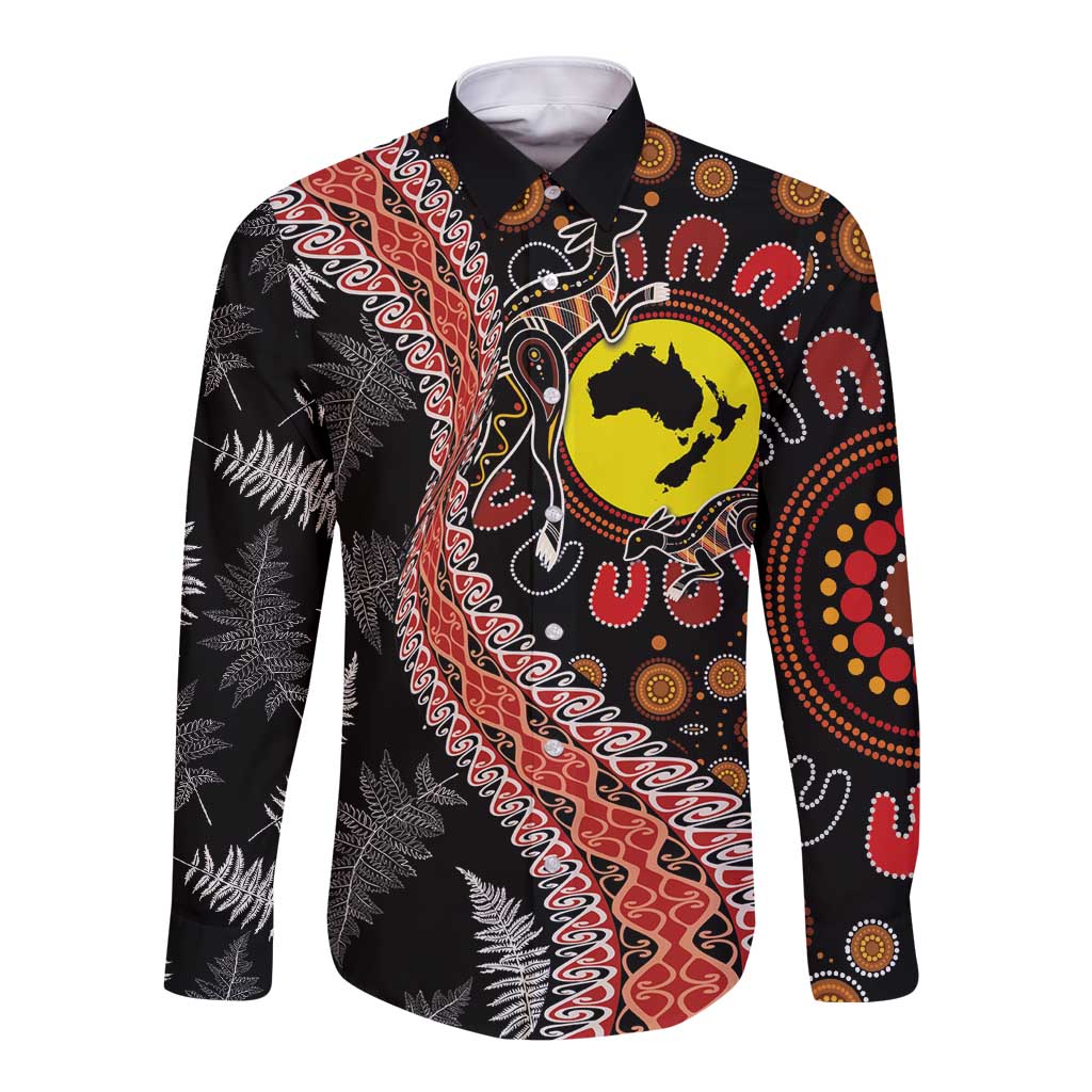 Aotearoa and Australia Long Sleeve Button Shirt Maori Koru Ferns With Aboriginal Kangaroo
