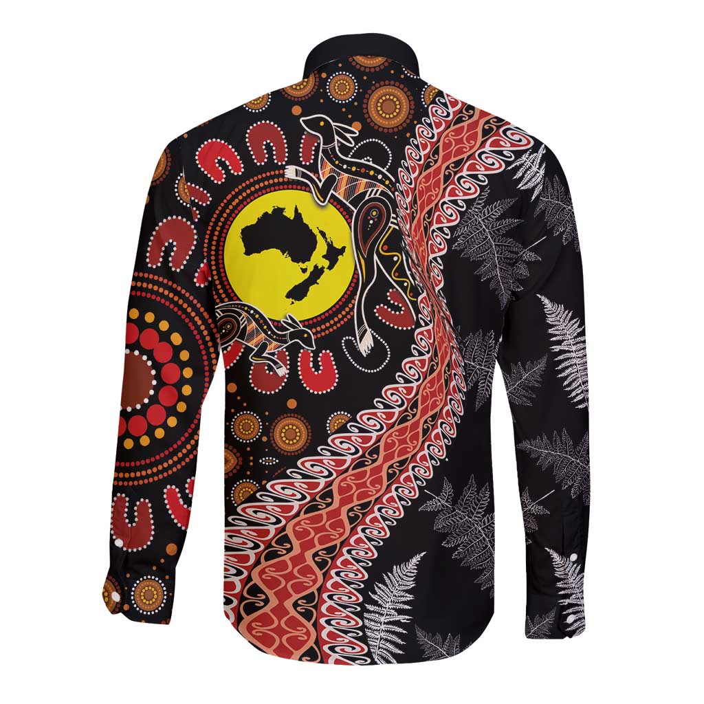 Aotearoa and Australia Long Sleeve Button Shirt Maori Koru Ferns With Aboriginal Kangaroo