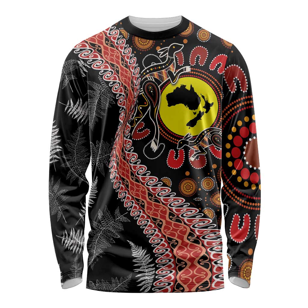 Aotearoa and Australia Long Sleeve Shirt Maori Koru Ferns With Aboriginal Kangaroo