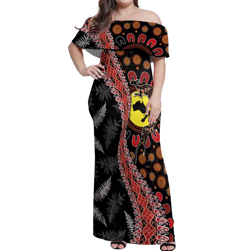 Aotearoa and Australia Off Shoulder Maxi Dress Maori Koru Ferns With Aboriginal Kangaroo