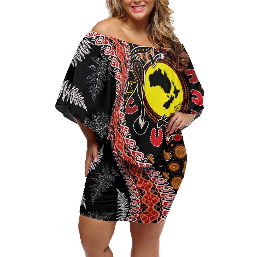 Aotearoa and Australia Off Shoulder Short Dress Maori Koru Ferns With Aboriginal Kangaroo