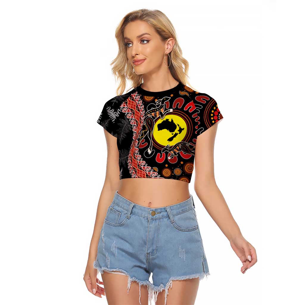 Aotearoa and Australia Raglan Cropped T Shirt Maori Koru Ferns With Aboriginal Kangaroo