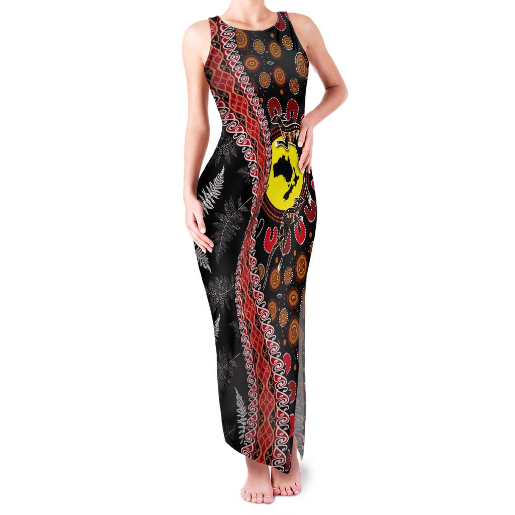 Aotearoa and Australia Tank Maxi Dress Maori Koru Ferns With Aboriginal Kangaroo