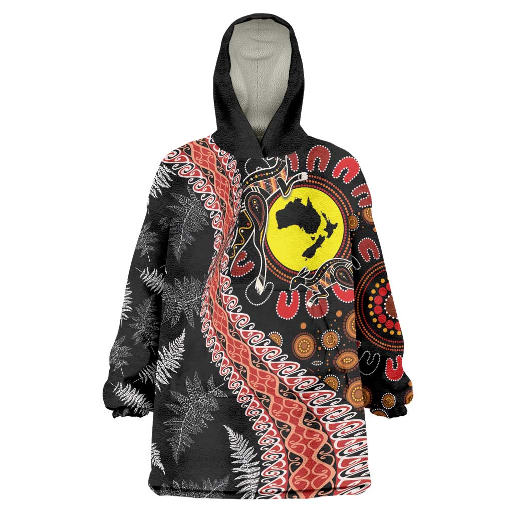 Aotearoa and Australia Wearable Blanket Hoodie Maori Koru Ferns With Aboriginal Kangaroo