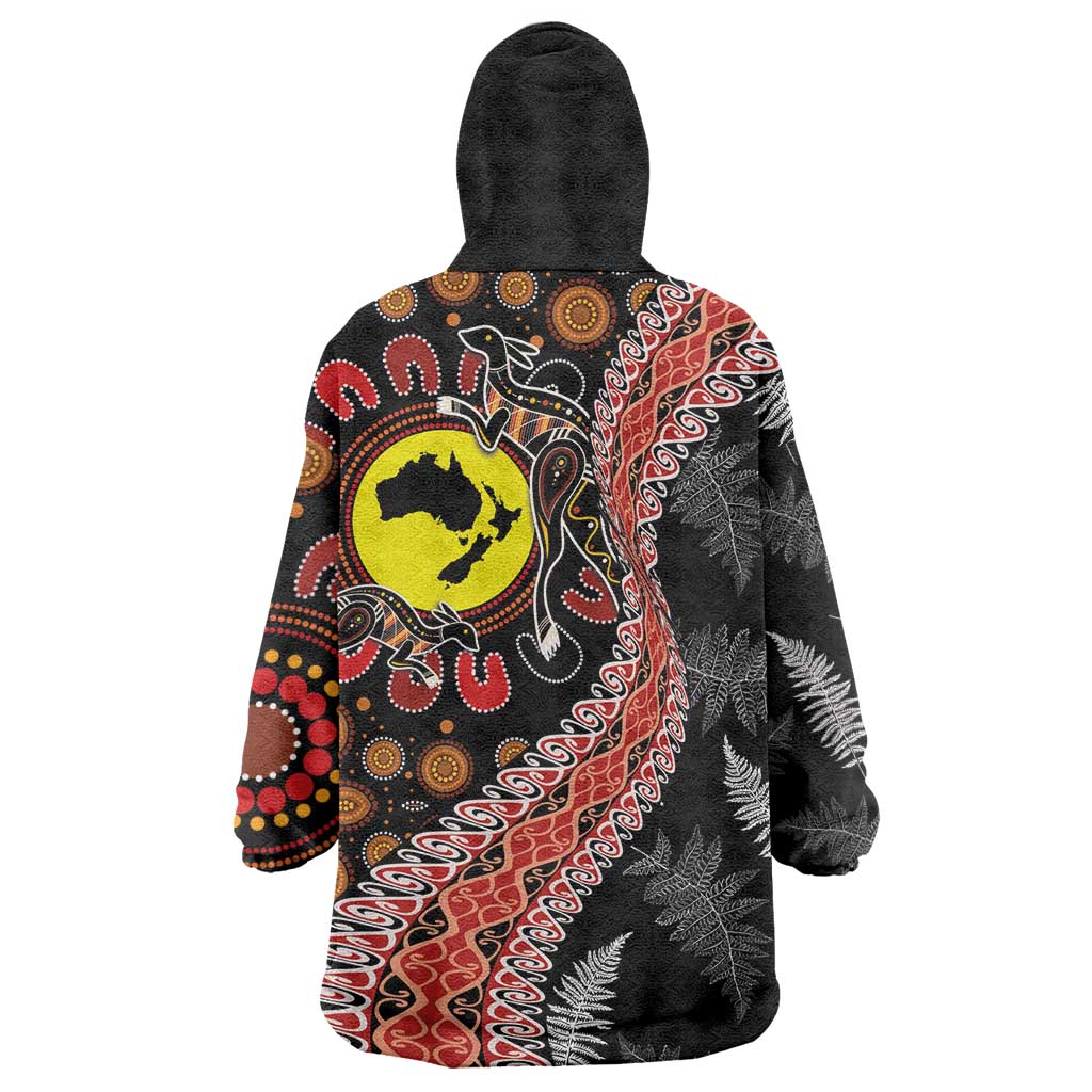Aotearoa and Australia Wearable Blanket Hoodie Maori Koru Ferns With Aboriginal Kangaroo