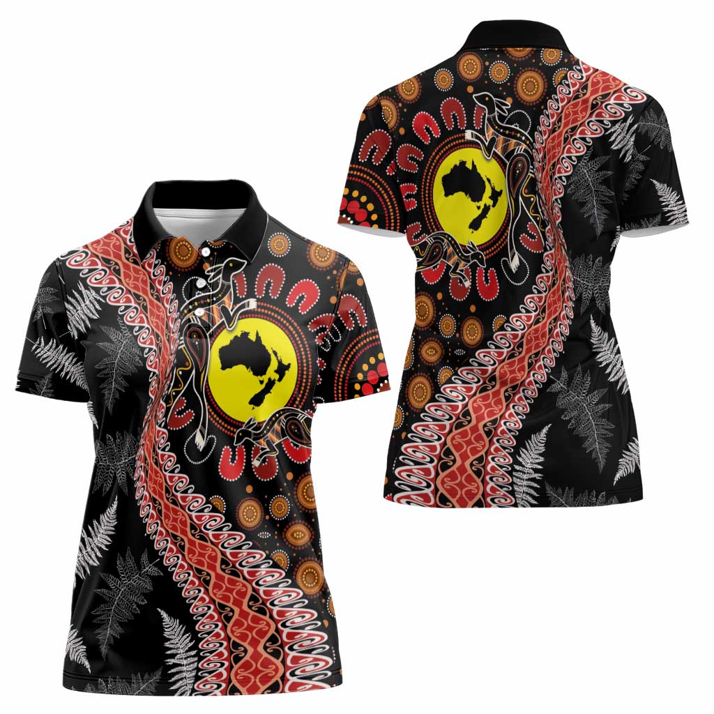 Aotearoa and Australia Women Polo Shirt Maori Koru Ferns With Aboriginal Kangaroo