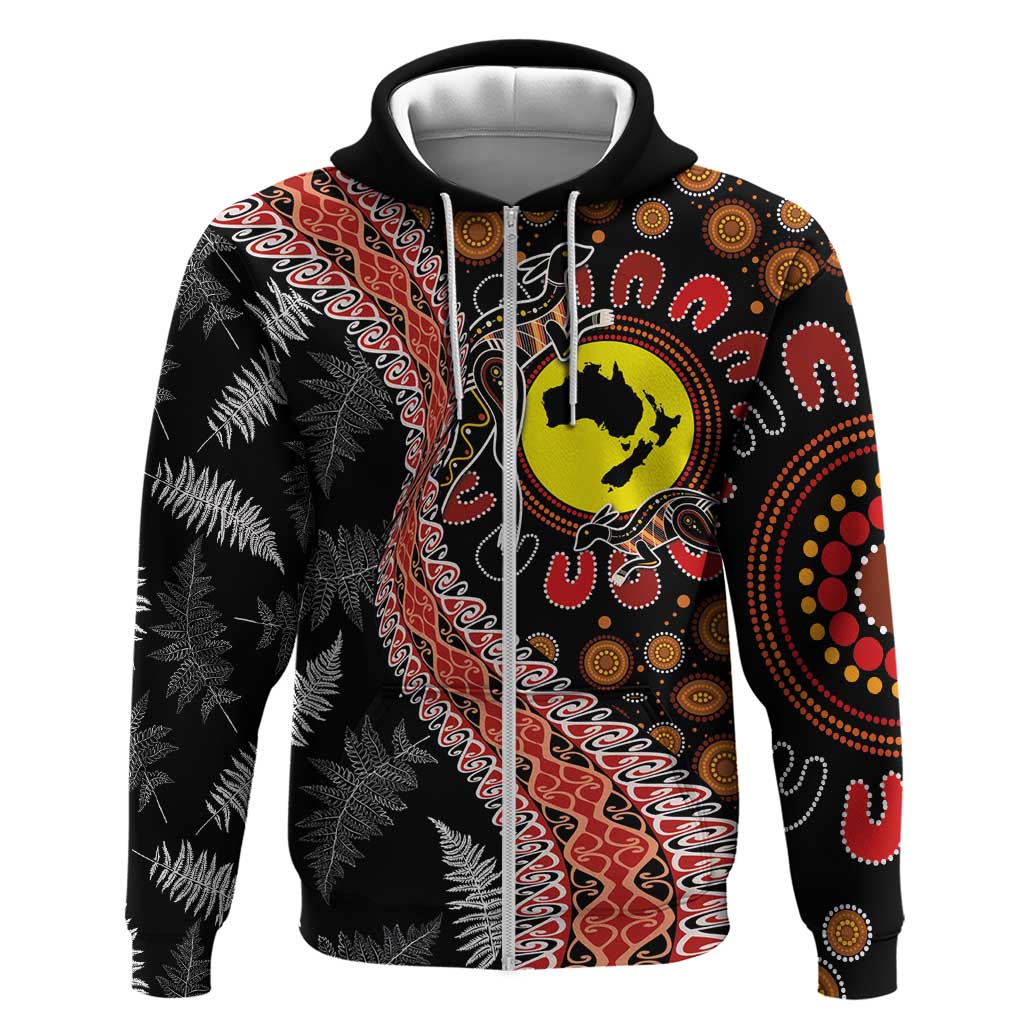 Aotearoa and Australia Zip Hoodie Maori Koru Ferns With Aboriginal Kangaroo
