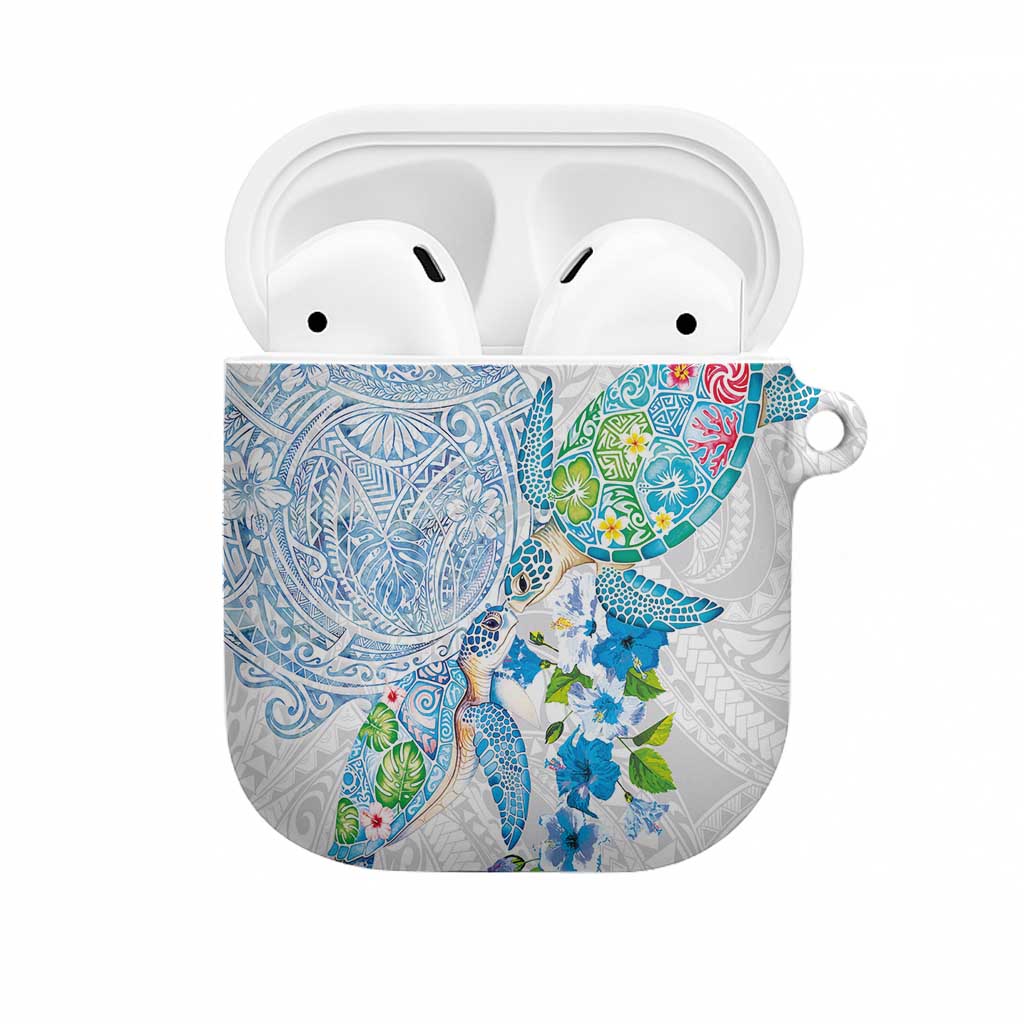 Hawaiian Couple Turtles Honi AirPods Case Polynesian Art Motifs and Hibiscus White Blue Color LT03 White - Polynesian Pride
