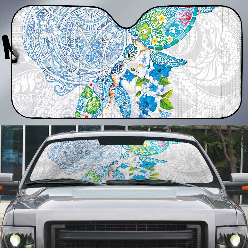 Hawaiian Couple Turtles Honi Auto Sun Shade Polynesian Art Motifs and Hibiscus White Blue Color LT03 White - Polynesian Pride