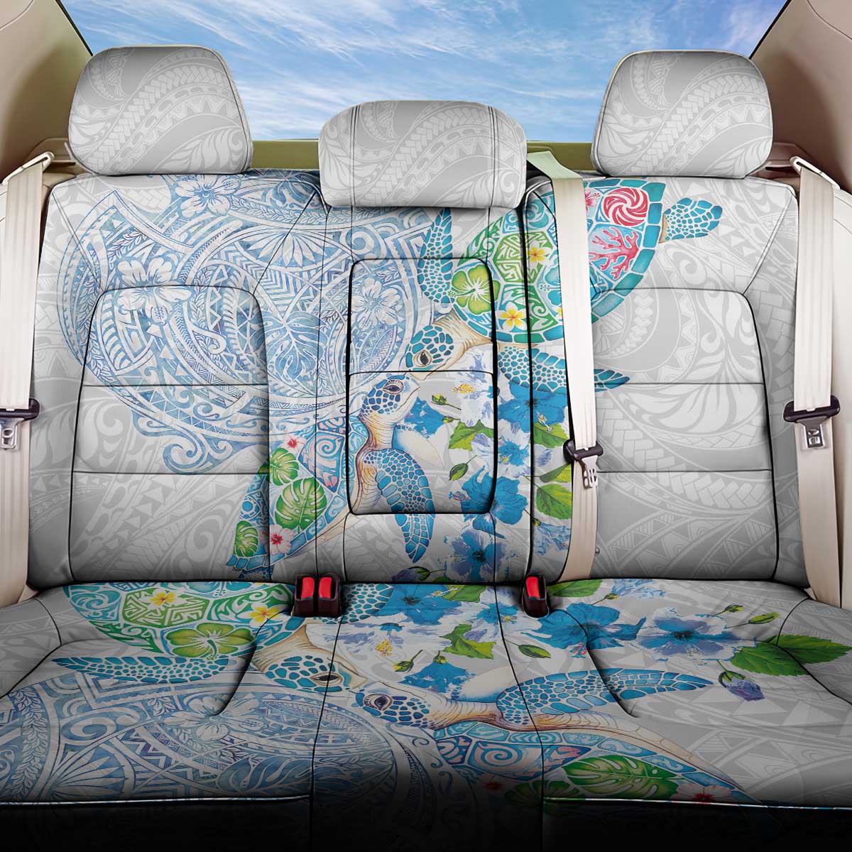 Hawaiian Couple Turtles Honi Back Car Seat Cover Polynesian Art Motifs and Hibiscus White Blue Color LT03 One Size White - Polynesian Pride