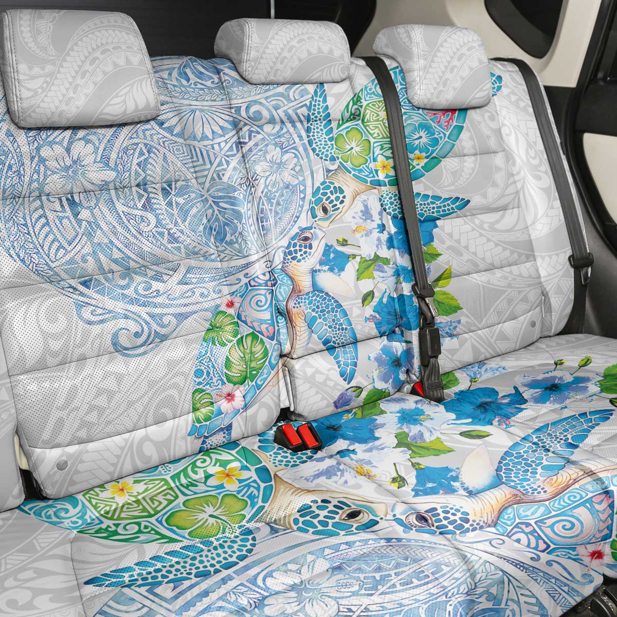 Hawaiian Couple Turtles Honi Back Car Seat Cover Polynesian Art Motifs and Hibiscus White Blue Color LT03 - Polynesian Pride