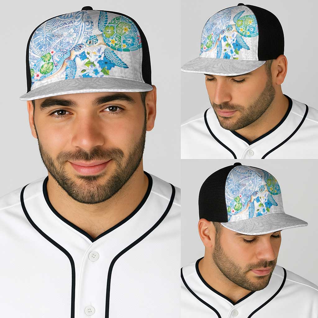 Hawaiian Couple Turtles Honi Baseball Net Cap Polynesian Art Motifs and Hibiscus White Blue Color - Polynesian Pride