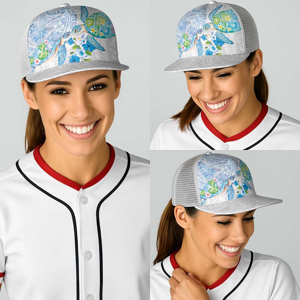 Hawaiian Couple Turtles Honi Baseball Net Cap Polynesian Art Motifs and Hibiscus White Blue Color - Polynesian Pride