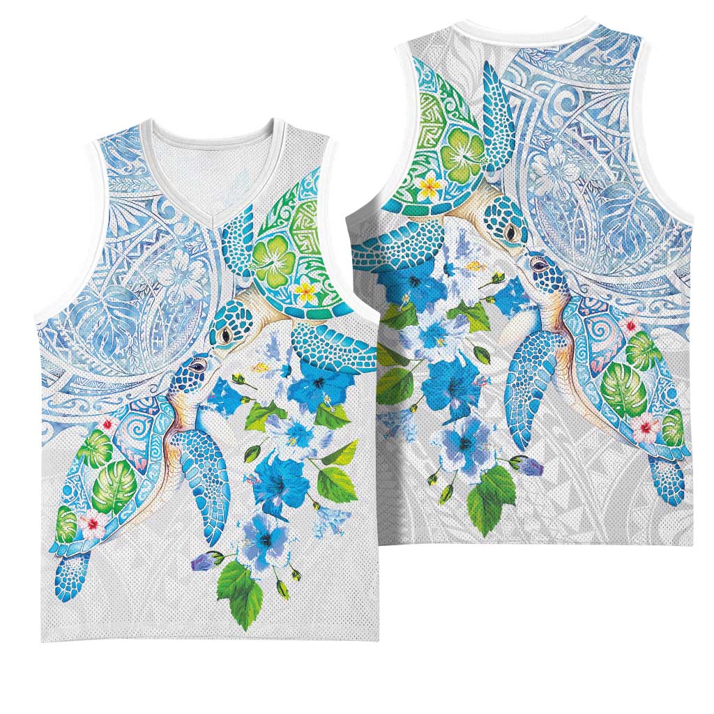 Hawaiian Couple Turtles Honi Basketball Jersey Polynesian Art Motifs and Hibiscus White Blue Color LT03 - Polynesian Pride