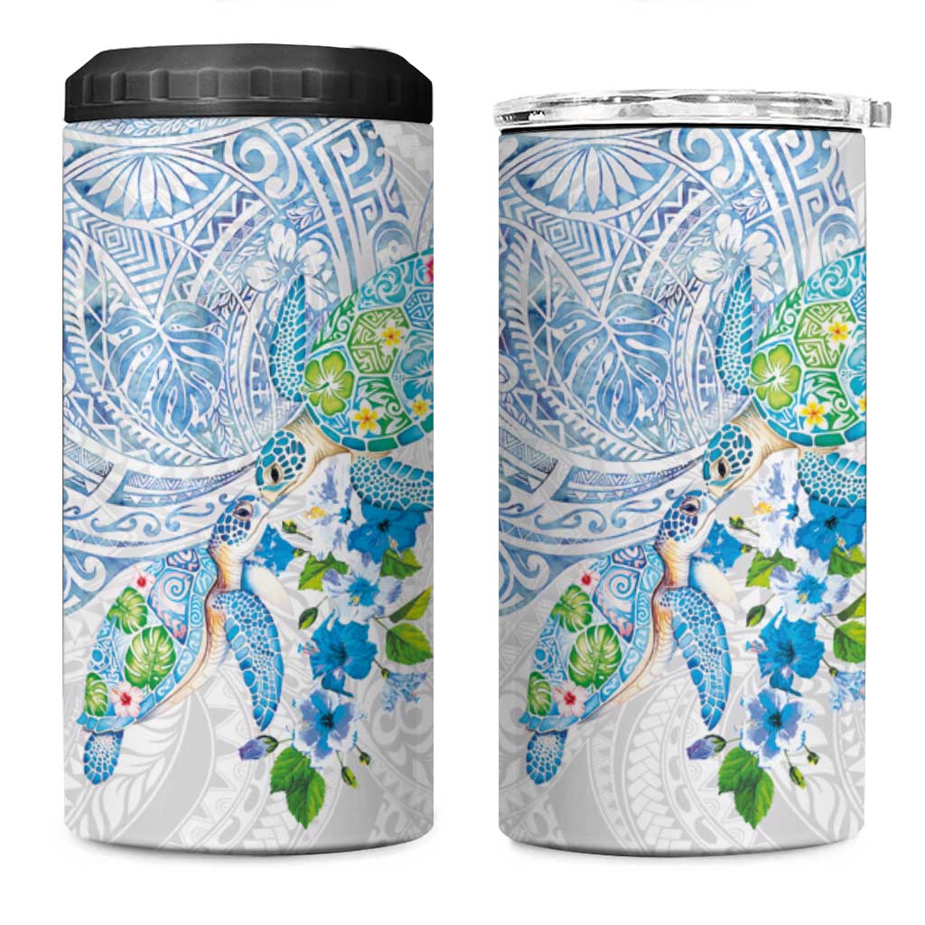 Hawaiian Couple Turtles Honi 4 in 1 Can Cooler Tumbler Polynesian Art Motifs and Hibiscus White Blue Color LT03 One Size: 16 oz White - Polynesian Pride