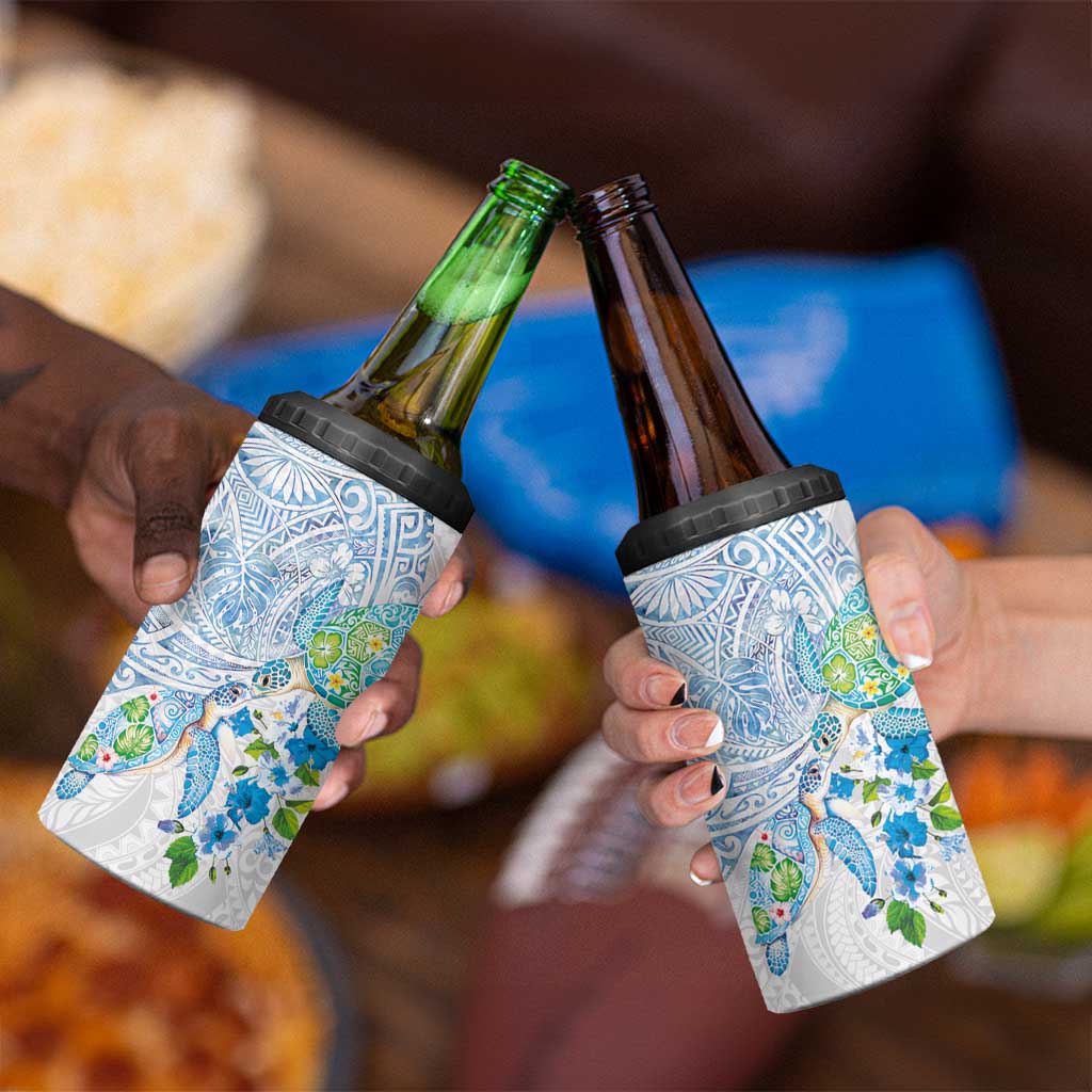 Hawaiian Couple Turtles Honi 4 in 1 Can Cooler Tumbler Polynesian Art Motifs and Hibiscus White Blue Color LT03 - Polynesian Pride