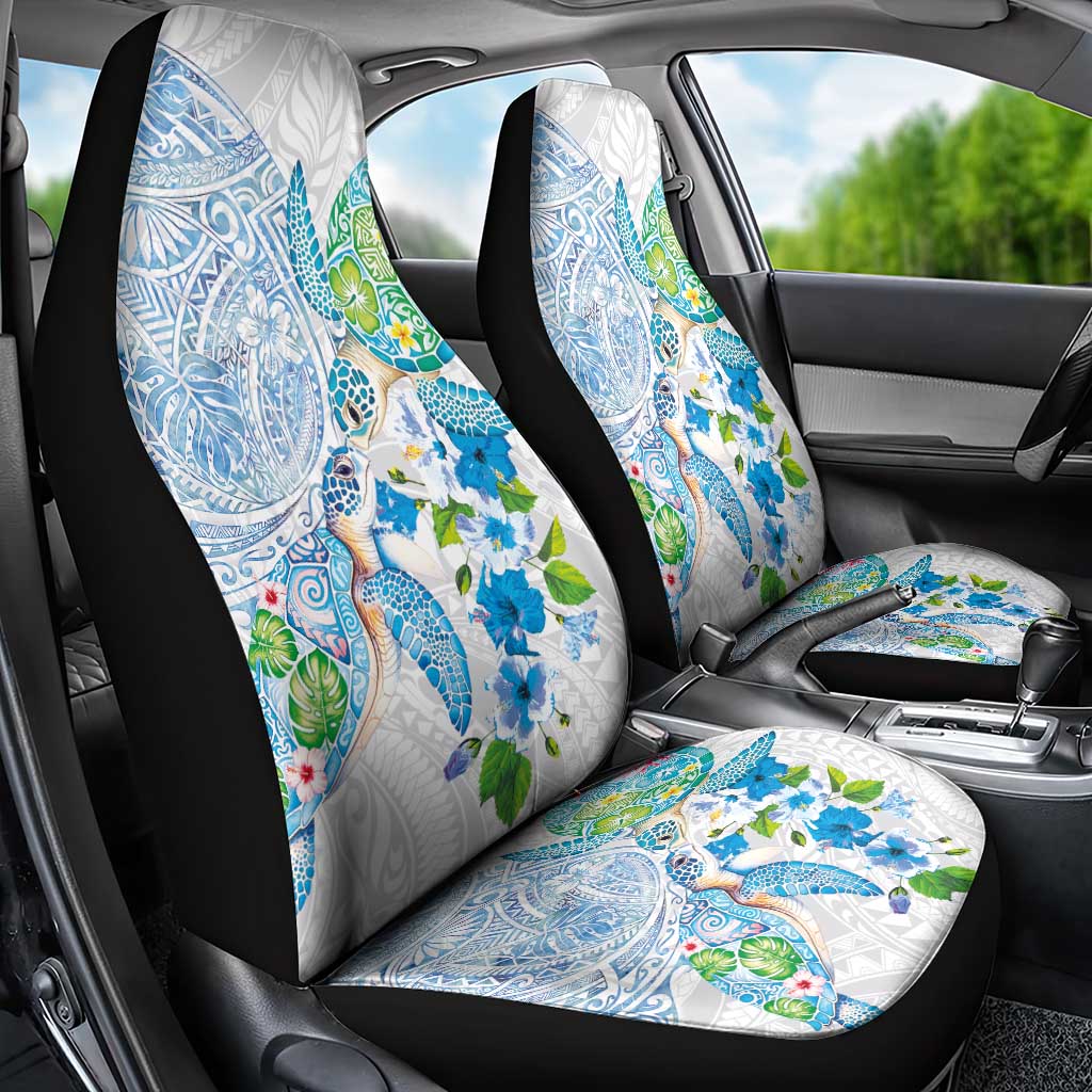 Hawaiian Couple Turtles Honi Car Seat Cover Polynesian Art Motifs and Hibiscus White Blue Color LT03 - Polynesian Pride
