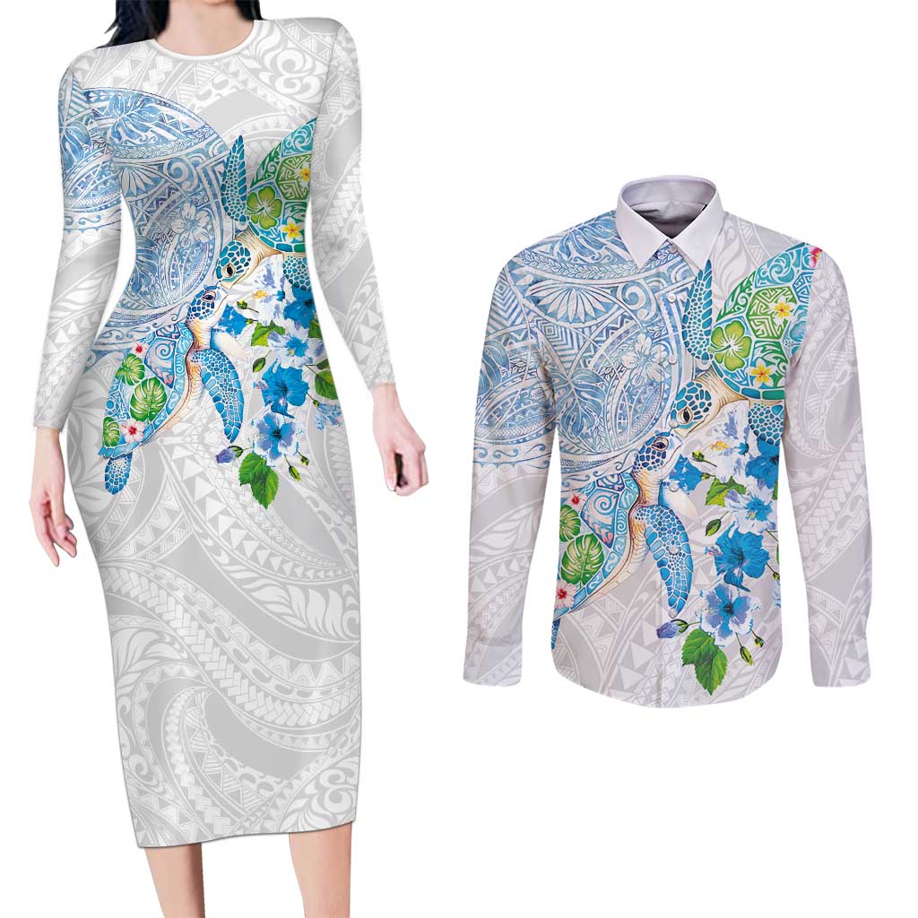Hawaiian Couple Turtles Honi Couples Matching Long Sleeve Bodycon Dress and Long Sleeve Button Shirt Polynesian Art Motifs and Hibiscus White Blue Color LT03 White - Polynesian Pride