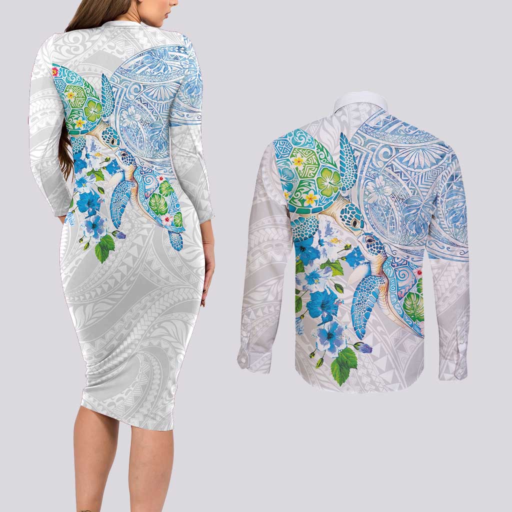 Hawaiian Couple Turtles Honi Couples Matching Long Sleeve Bodycon Dress and Long Sleeve Button Shirt Polynesian Art Motifs and Hibiscus White Blue Color LT03 - Polynesian Pride