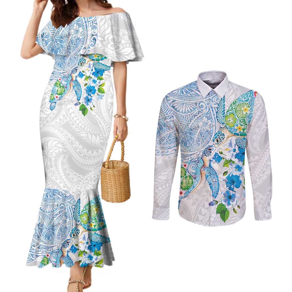 Hawaiian Couple Turtles Honi Couples Matching Mermaid Dress and Long Sleeve Button Shirt Polynesian Art Motifs and Hibiscus White Blue Color LT03 White - Polynesian Pride