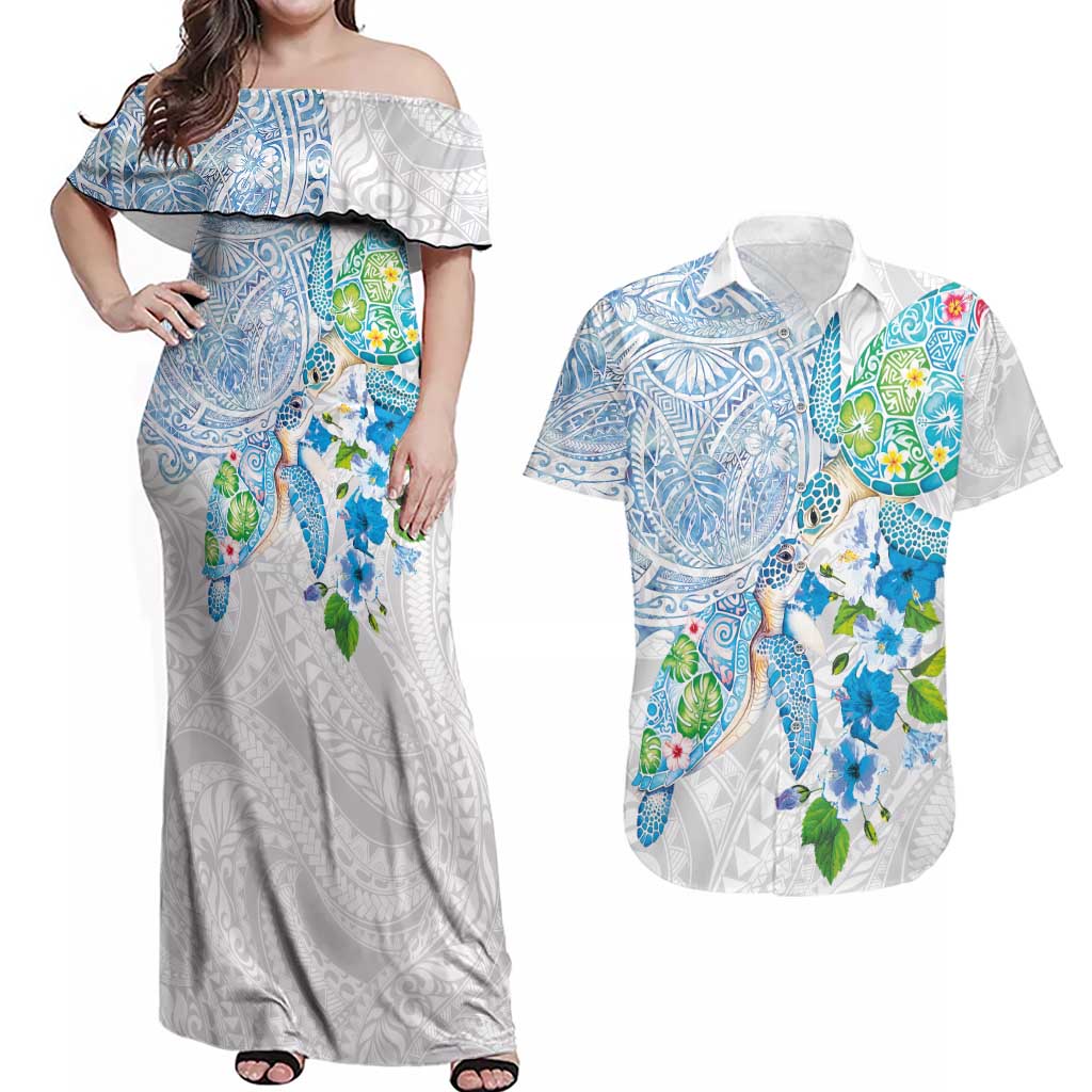 Hawaiian Couple Turtles Honi Couples Matching Off Shoulder Maxi Dress and Hawaiian Shirt Polynesian Art Motifs and Hibiscus White Blue Color LT03 White - Polynesian Pride