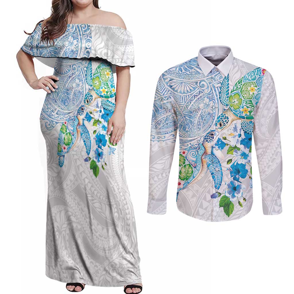 Hawaiian Couple Turtles Honi Couples Matching Off Shoulder Maxi Dress and Long Sleeve Button Shirt Polynesian Art Motifs and Hibiscus White Blue Color LT03 White - Polynesian Pride
