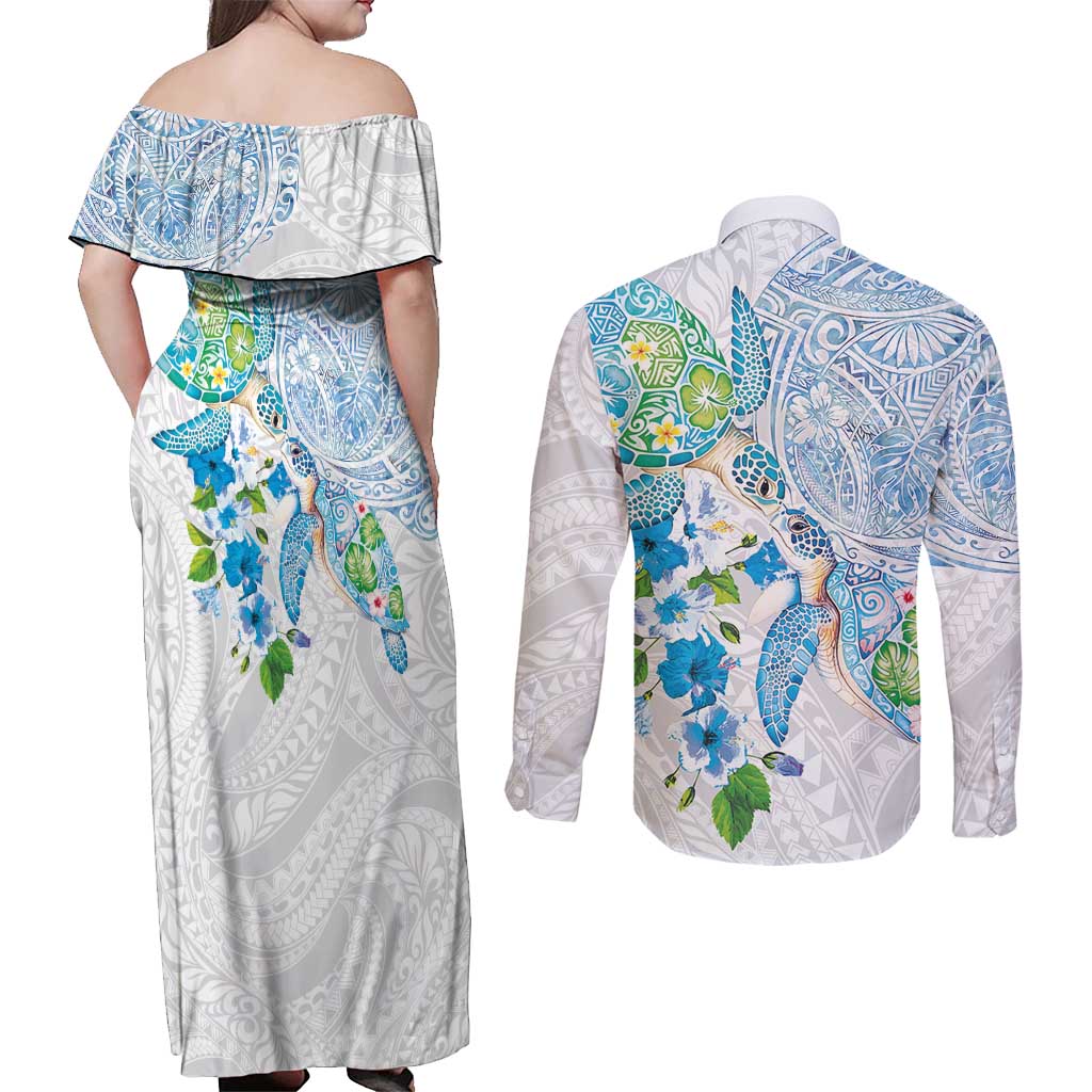 Hawaiian Couple Turtles Honi Couples Matching Off Shoulder Maxi Dress and Long Sleeve Button Shirt Polynesian Art Motifs and Hibiscus White Blue Color LT03 - Polynesian Pride