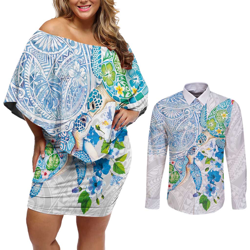 Hawaiian Couple Turtles Honi Couples Matching Off Shoulder Short Dress and Long Sleeve Button Shirt Polynesian Art Motifs and Hibiscus White Blue Color LT03 White - Polynesian Pride