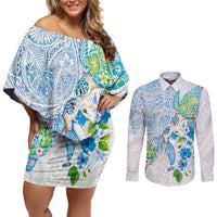 Hawaiian Couple Turtles Honi Couples Matching Off Shoulder Short Dress and Long Sleeve Button Shirt Polynesian Art Motifs and Hibiscus White Blue Color LT03 White - Polynesian Pride