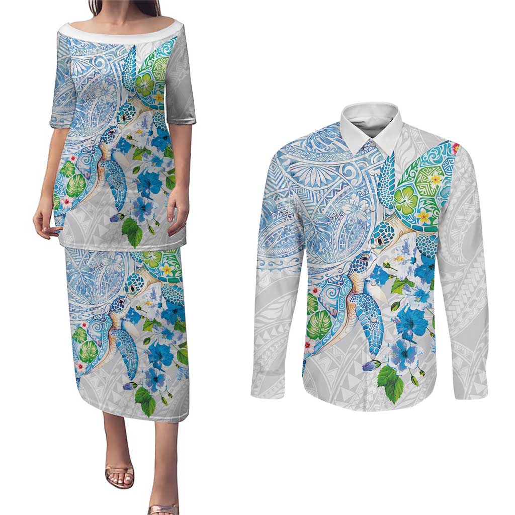 Hawaiian Couple Turtles Honi Couples Matching Puletasi and Long Sleeve Button Shirt Polynesian Art Motifs and Hibiscus White Blue Color LT03 White - Polynesian Pride