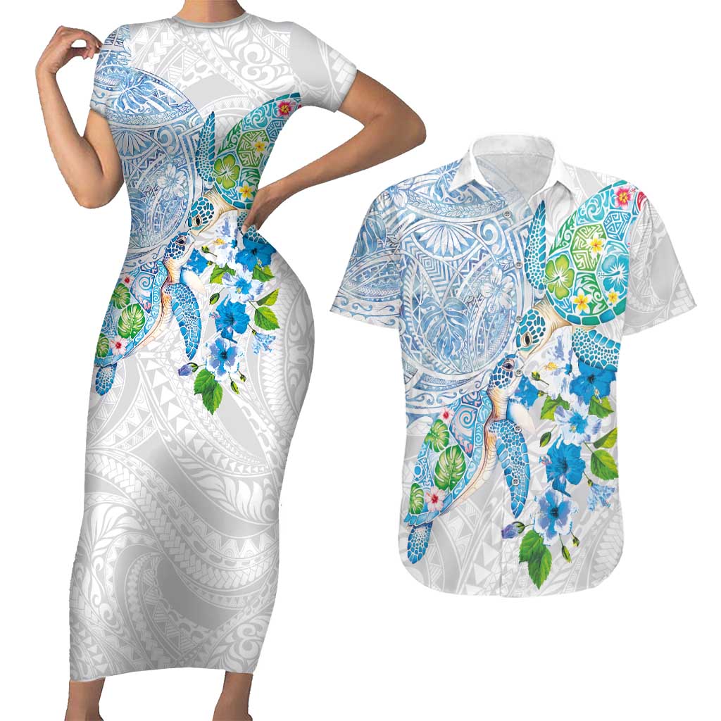 Hawaiian Couple Turtles Honi Couples Matching Short Sleeve Bodycon Dress and Hawaiian Shirt Polynesian Art Motifs and Hibiscus White Blue Color LT03 White - Polynesian Pride