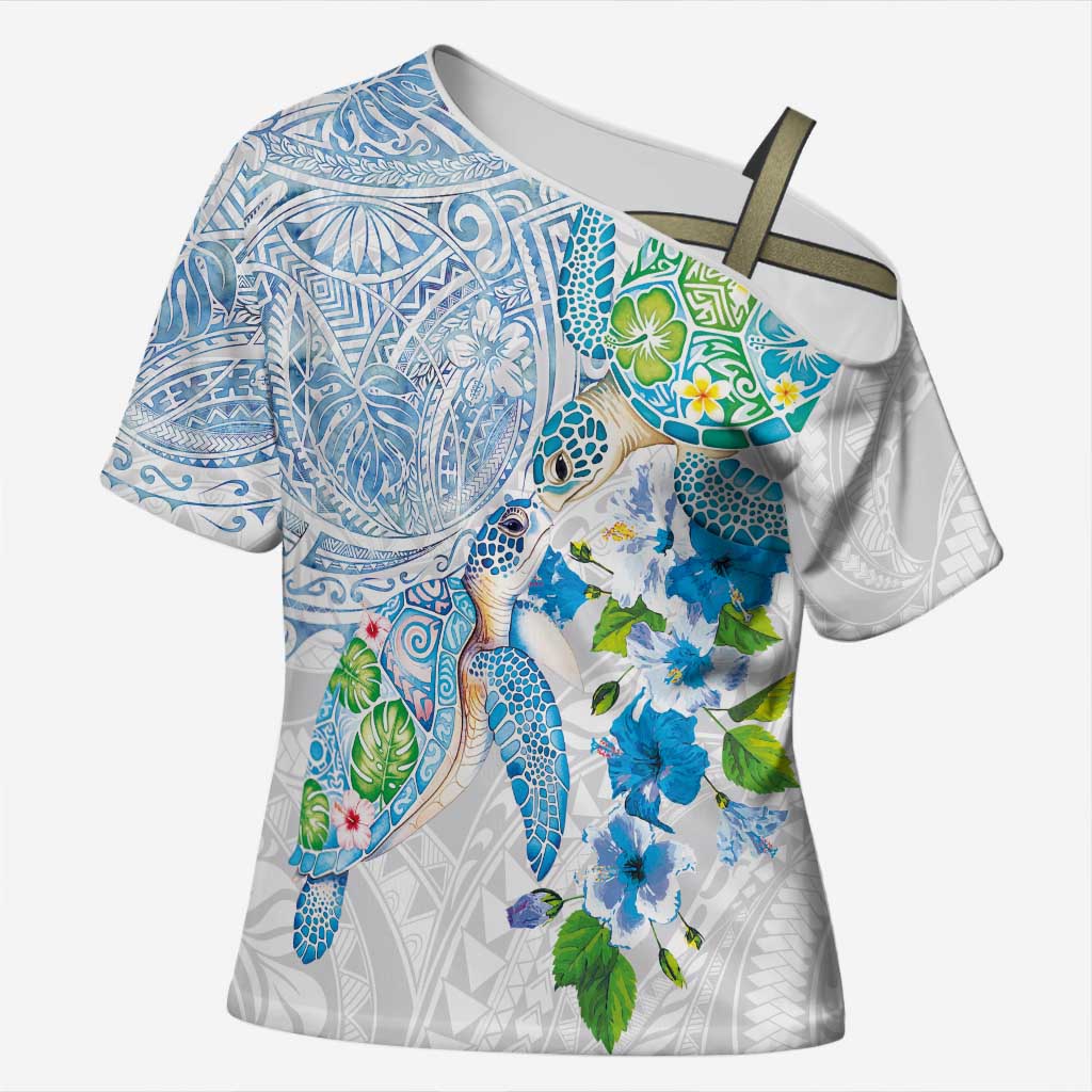 Hawaiian Couple Turtles Honi Cross Shoulder Shirt Polynesian Art Motifs and Hibiscus White Blue Color LT03 Female White - Polynesian Pride
