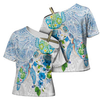 Hawaiian Couple Turtles Honi Cross Shoulder Shirt Polynesian Art Motifs and Hibiscus White Blue Color LT03 - Polynesian Pride