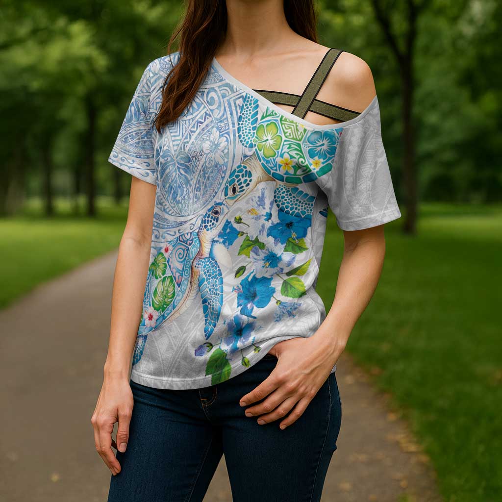 Hawaiian Couple Turtles Honi Cross Shoulder Shirt Polynesian Art Motifs and Hibiscus White Blue Color LT03 - Polynesian Pride