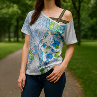 Hawaiian Couple Turtles Honi Cross Shoulder Shirt Polynesian Art Motifs and Hibiscus White Blue Color LT03 - Polynesian Pride