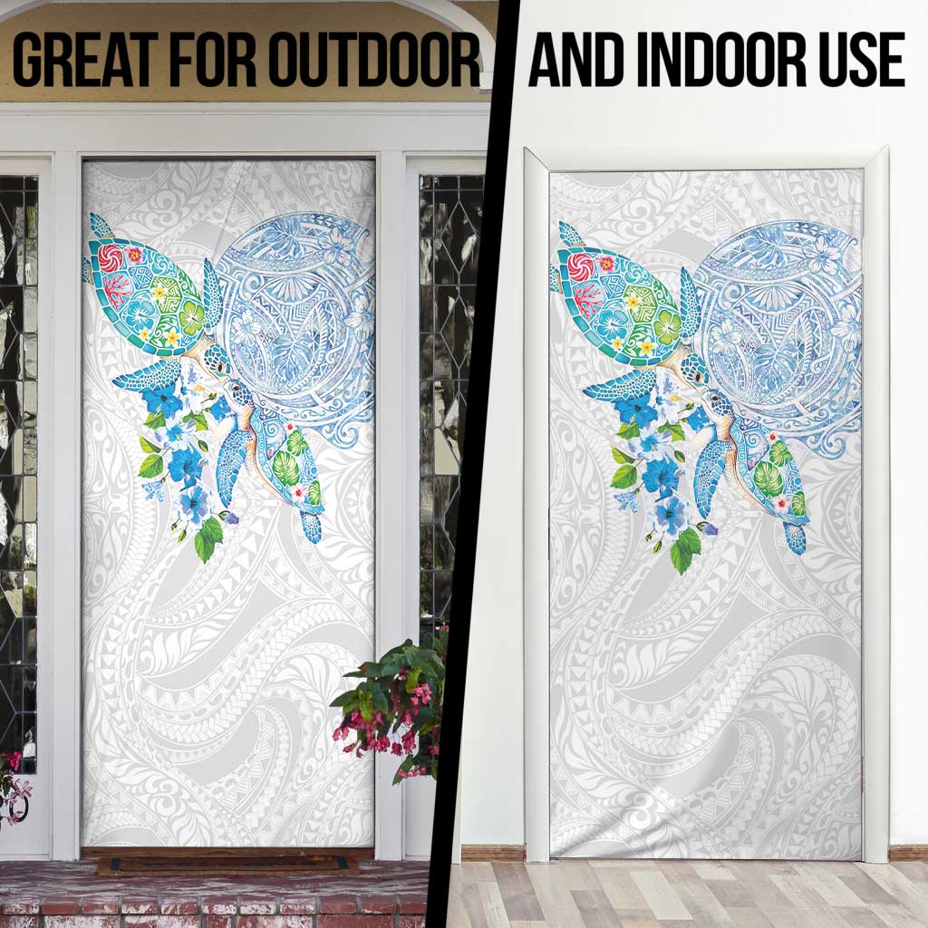 Hawaiian Couple Turtles Honi Door Cover Polynesian Art Motifs and Hibiscus White Blue Color LT03 - Polynesian Pride