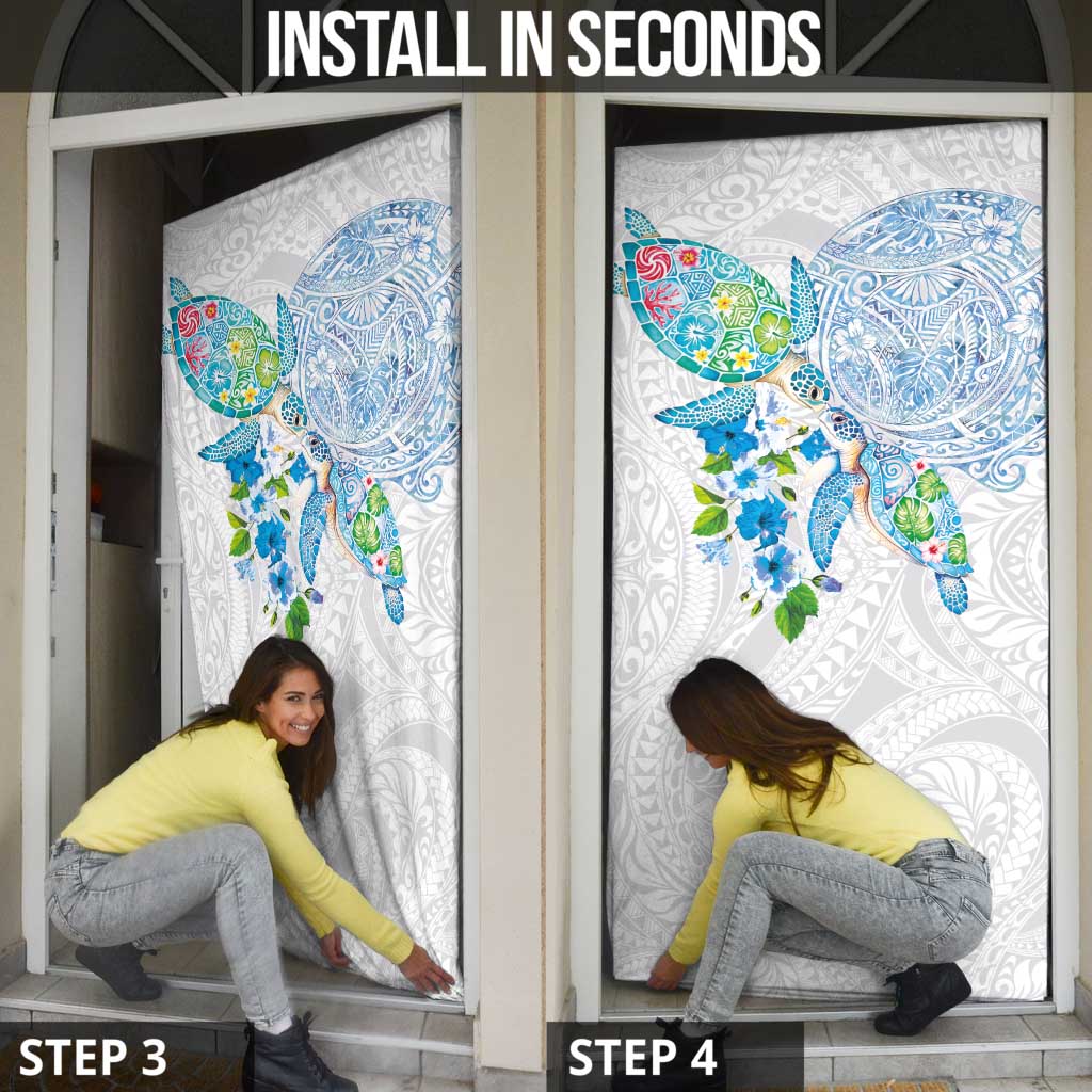 Hawaiian Couple Turtles Honi Door Cover Polynesian Art Motifs and Hibiscus White Blue Color LT03 - Polynesian Pride