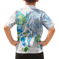 Hawaiian Couple Turtles Honi Family Matching Mermaid Dress and Hawaiian Shirt Polynesian Art Motifs and Hibiscus White Blue Color LT03 - Polynesian Pride