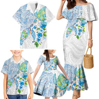 Hawaiian Couple Turtles Honi Family Matching Mermaid Dress and Hawaiian Shirt Polynesian Art Motifs and Hibiscus White Blue Color LT03 - Polynesian Pride