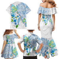 Hawaiian Couple Turtles Honi Family Matching Mermaid Dress and Hawaiian Shirt Polynesian Art Motifs and Hibiscus White Blue Color LT03 - Polynesian Pride