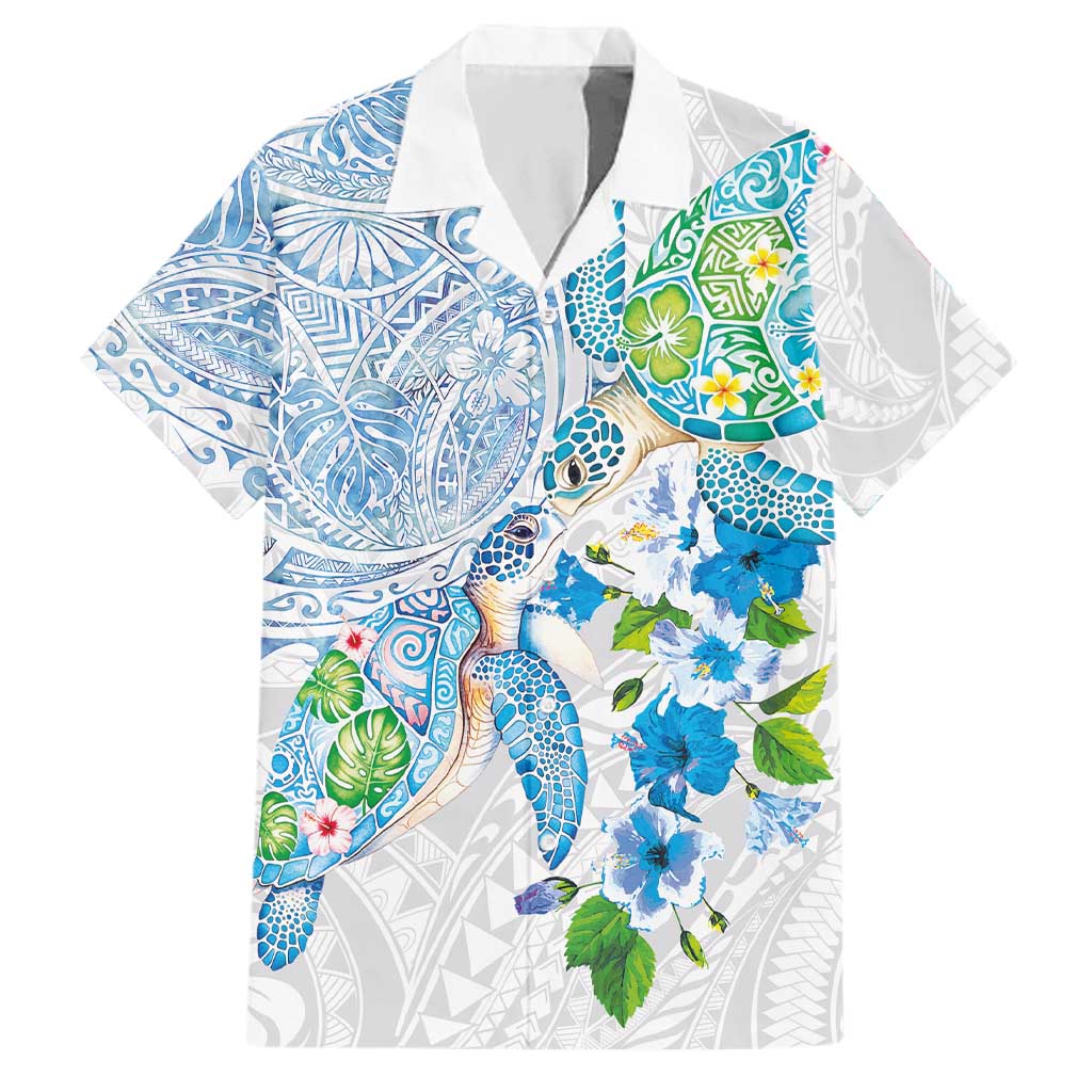 Hawaiian Couple Turtles Honi Family Matching Mermaid Dress and Hawaiian Shirt Polynesian Art Motifs and Hibiscus White Blue Color LT03 Dad's Shirt - Short Sleeve White - Polynesian Pride